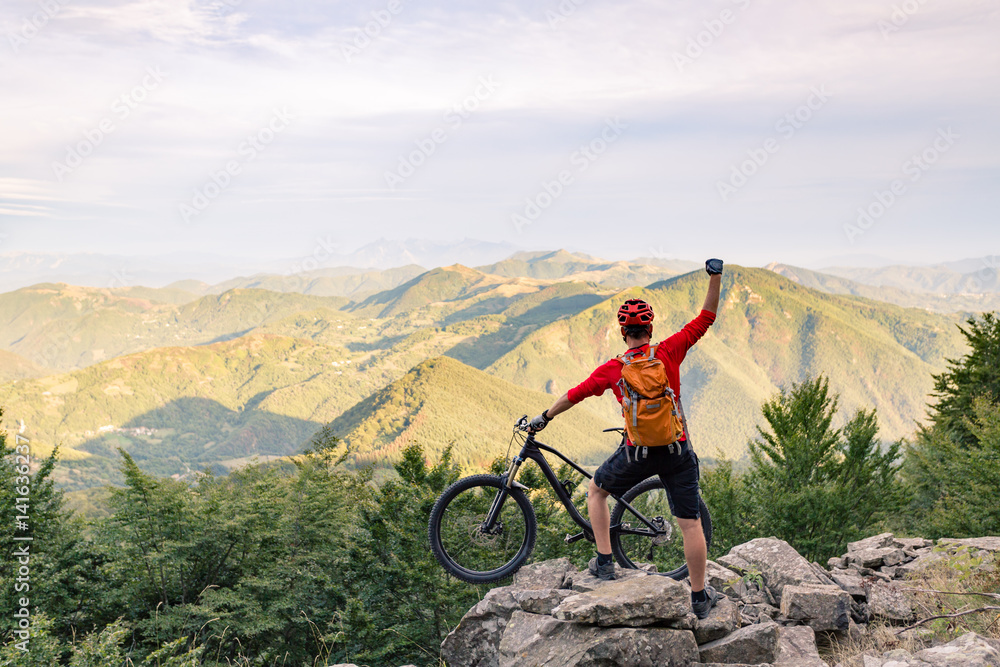 Obraz premium Mountain biker success, looking at mountains view