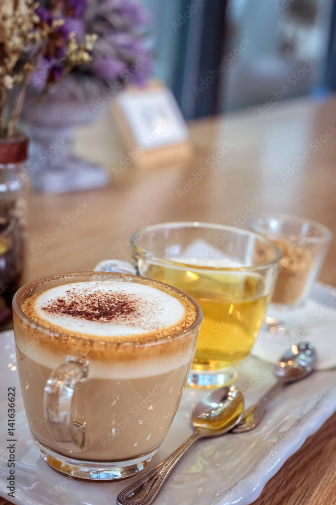 Cappuccino coffee cup and tea,Hot coffee in white mug,hot tea Cappuccino coffee cup and tea,Hot coffee in white mug,hot tea