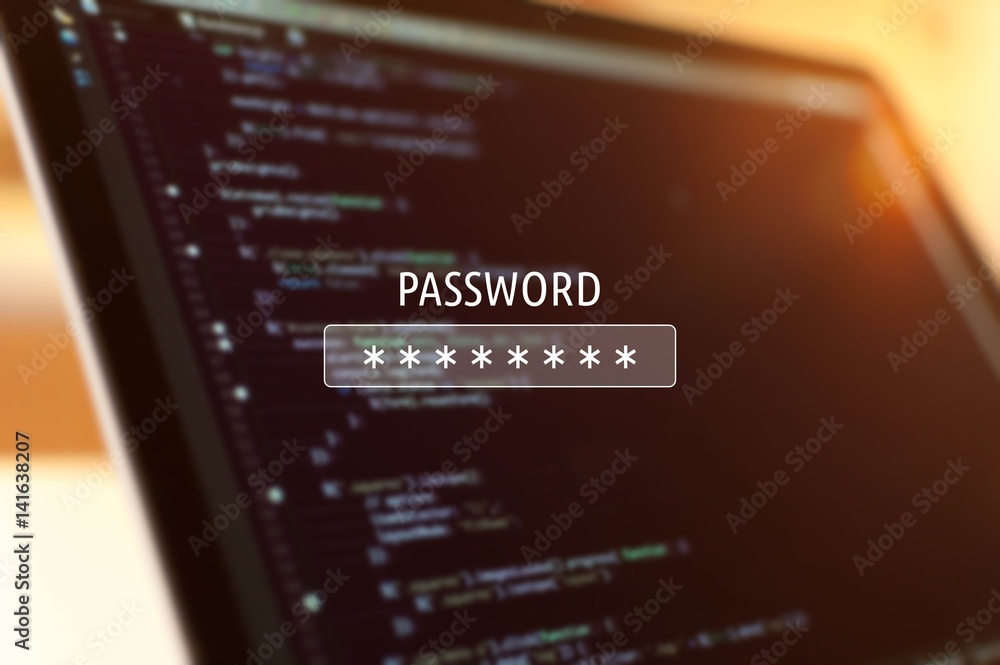 Password input on blurred background screen. Password protection against hackers. Password input on blurred background screen. Password protection against hackers.