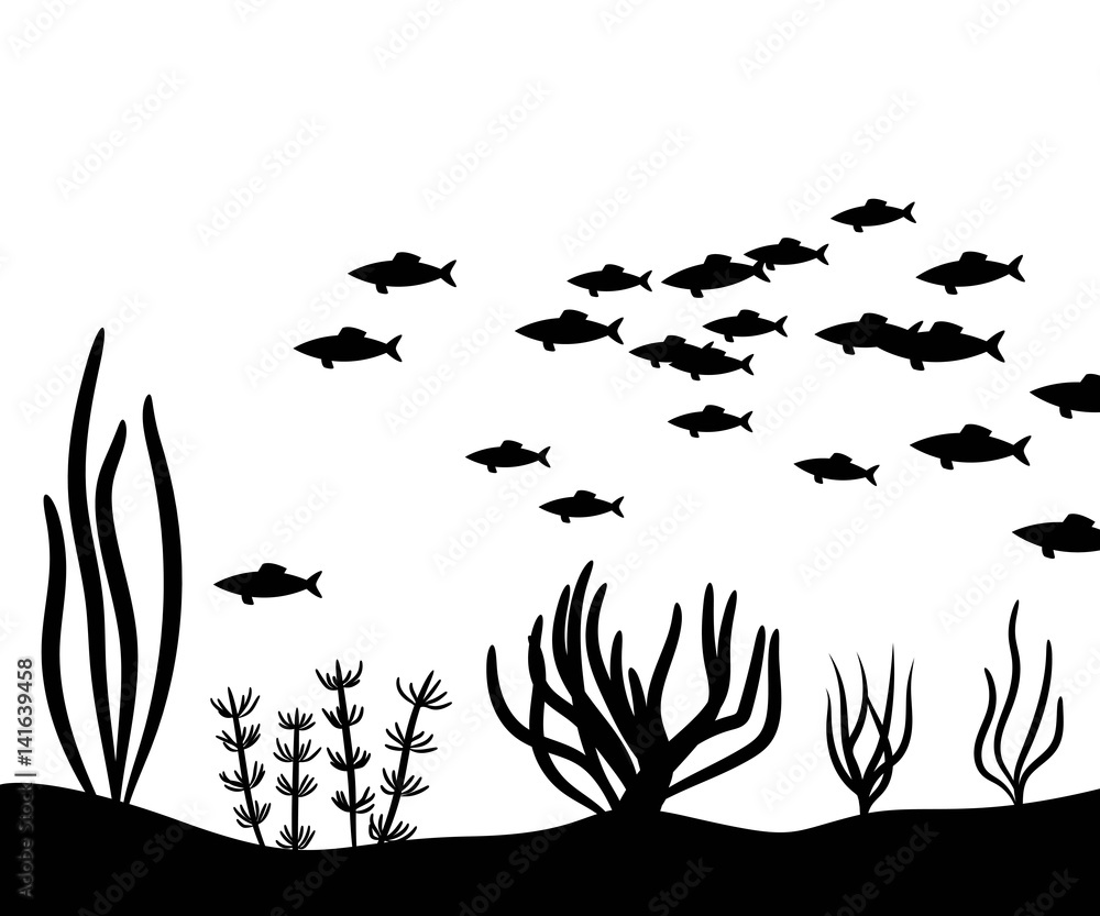 Obraz premium Seaweed at the bottom of the sea and school fish vector silhouette