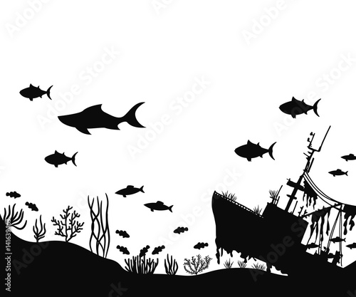 ship and algae on the seabed. fish swim near coral silhouette vector