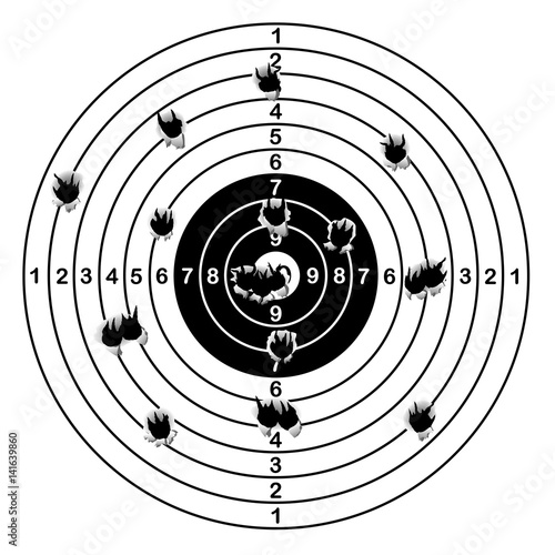 Shooting range target shot of bullet holes, vector illustration