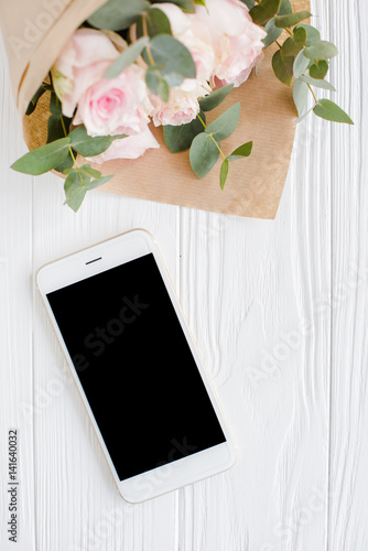 Simple feminine background with smartphote photo