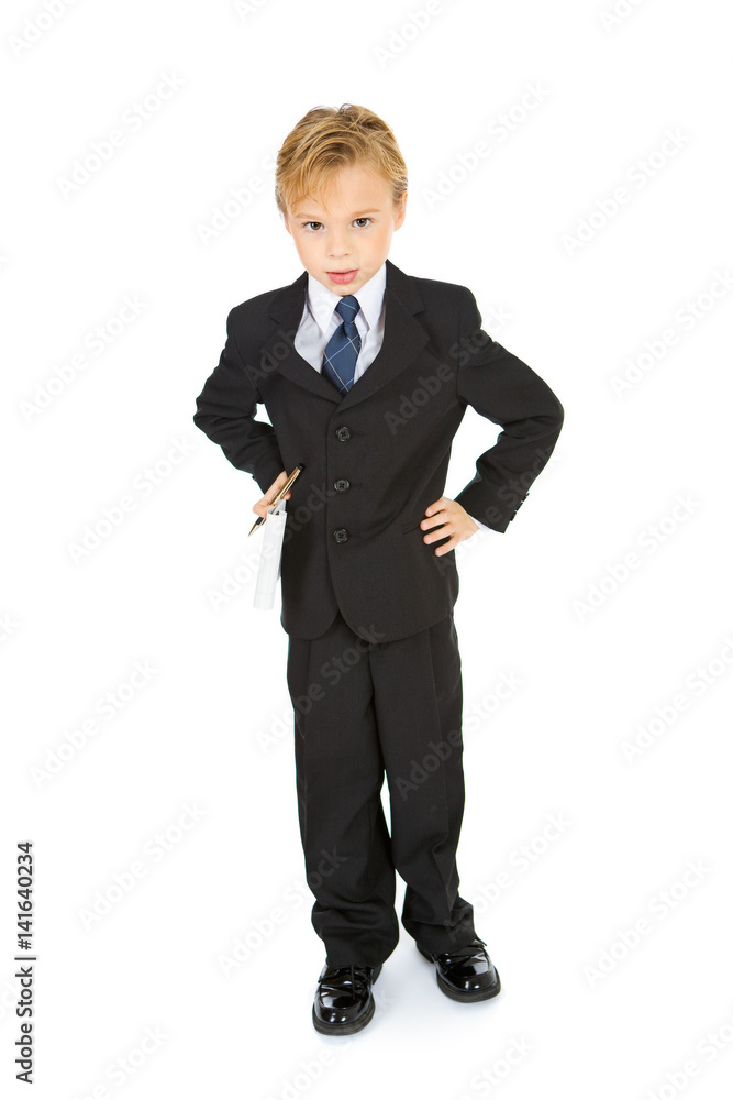 Occupation: Upset Child Businessman With Paper And Pen Occupation: Upset Child Businessman With Paper And Pen