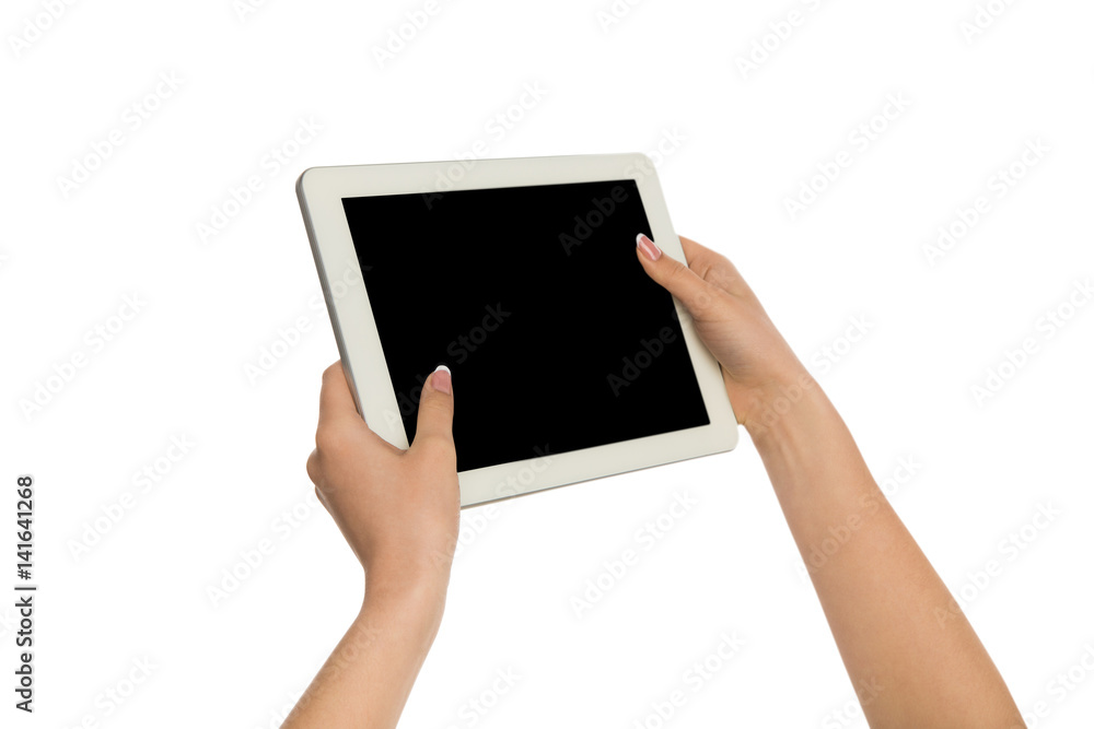 Woman holding digital tablet with blank screen Woman holding digital tablet with blank screen