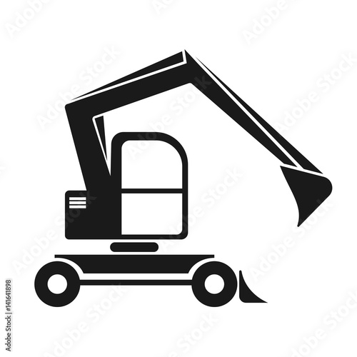 The black silhouette of an excavator with a dipper. Vehicle construction