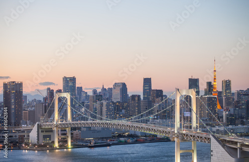 Rainbow bridge sunset with tokyo tower 