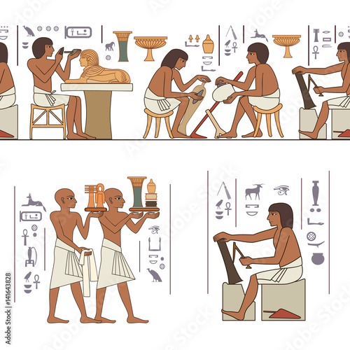 Egyptian hieroglyph and symbol. Murals with ancient egypt scene