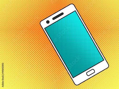 Smartphone. Cell phone on yellow dotted background. Mobile phone style pop art retro.
