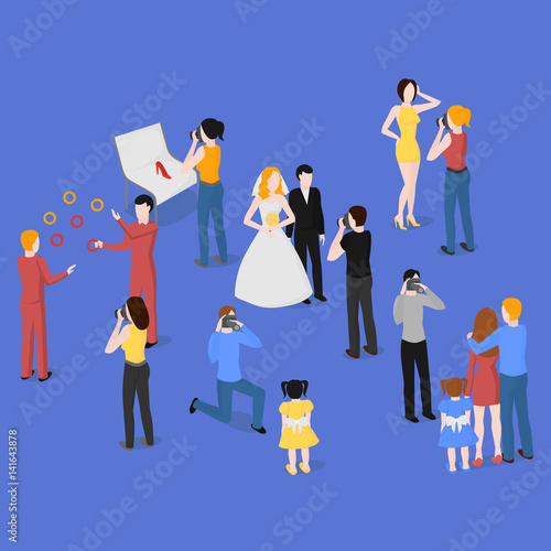 Flat isometric set of photographers. Wedding, family and kids photography. Paparazzi, journalist. Fashion, reportage and advertising photographer.