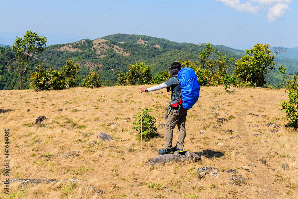 Traveler with a backpack standing on a meadow Traveler with a backpack standing on a meadow