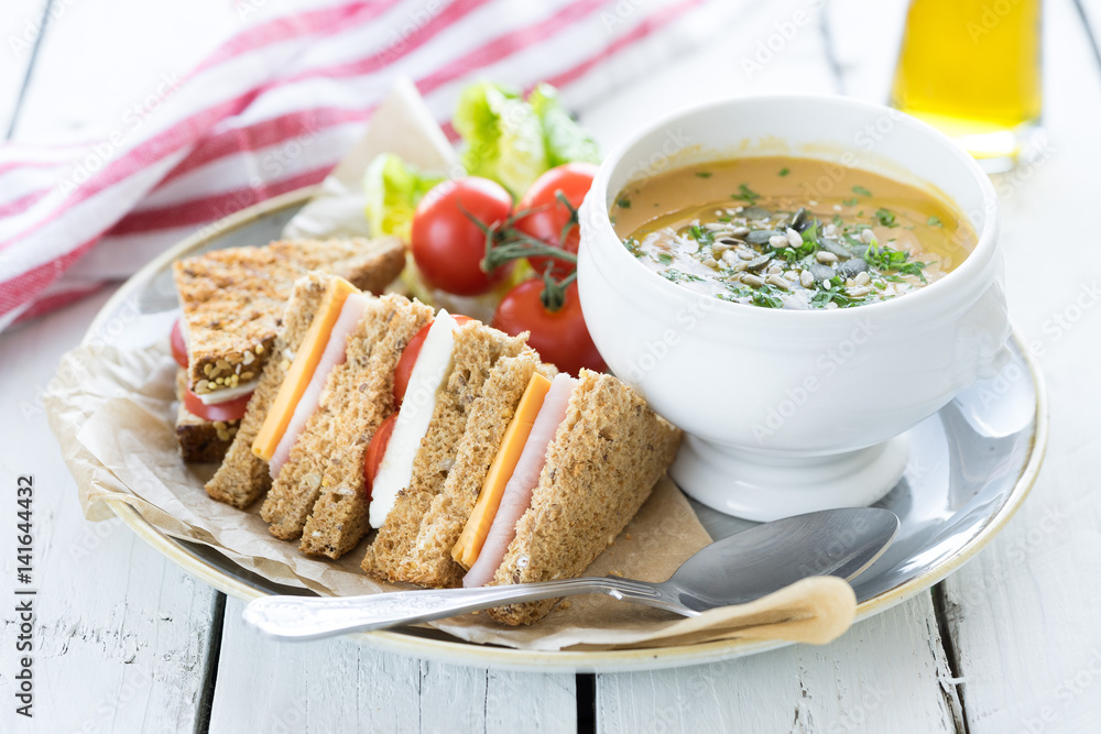 lunch dinner plate fresh cut sandwich ham cheese cup bowl vegetable creamy soup garnish seeds lunch dinner plate fresh cut sandwich ham cheese cup bowl vegetable creamy soup garnish seeds