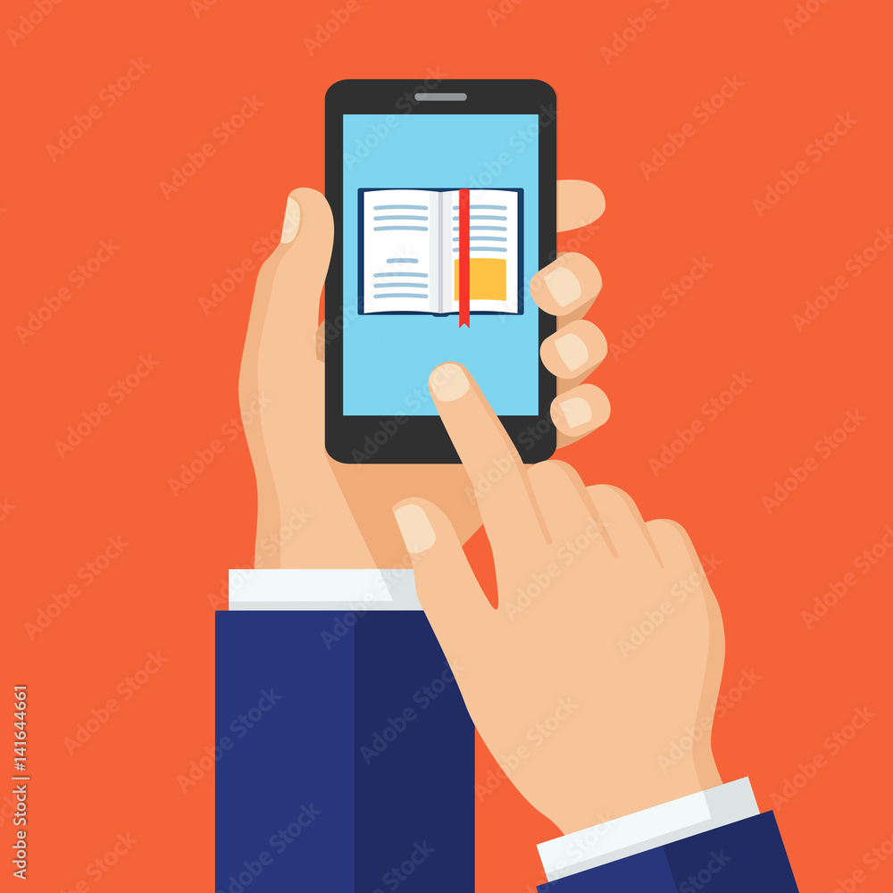 Hand holding smartphone with a book on the screen, finger touches screen. Hand holding smartphone with a book on the screen, finger touches screen.