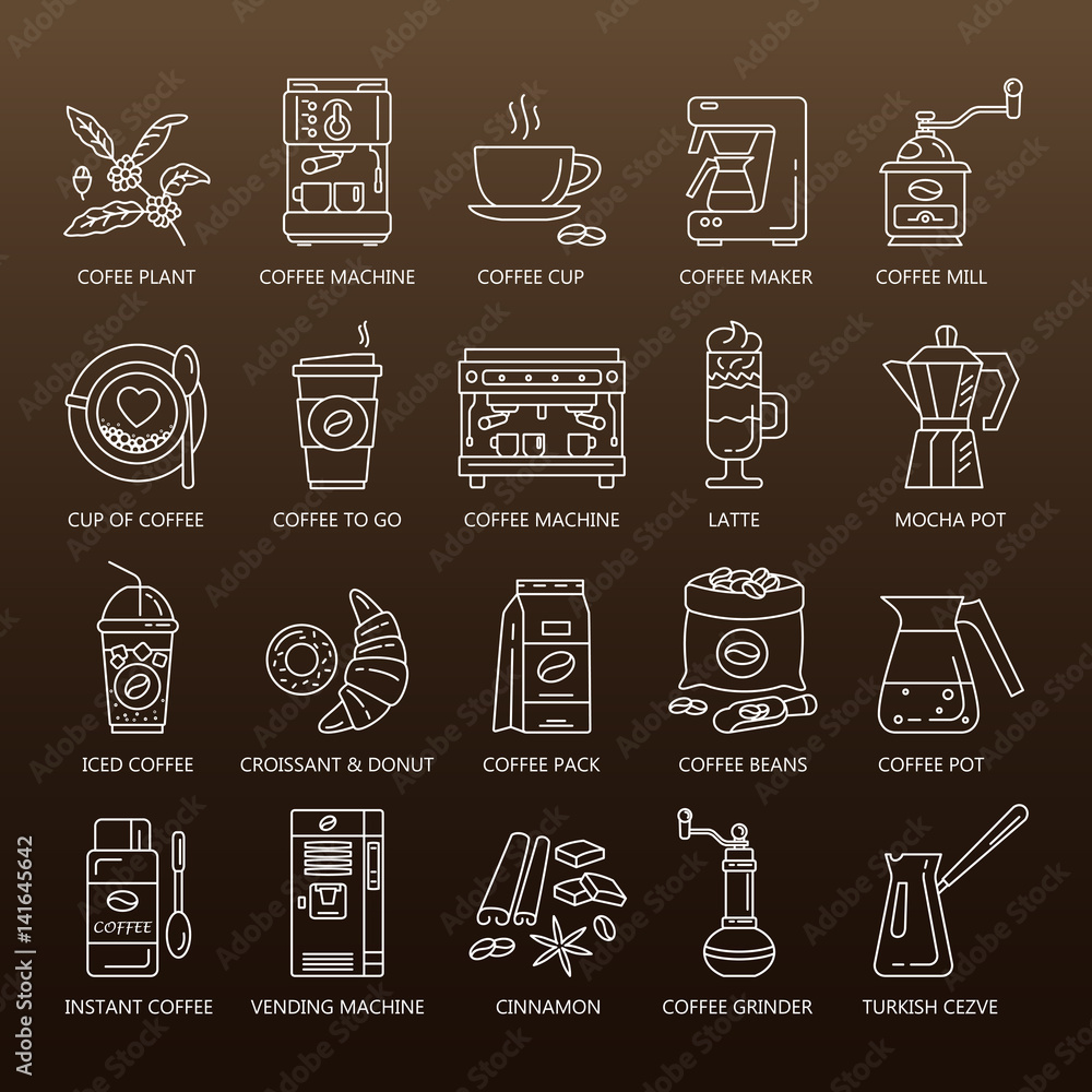 Vector line icons of coffeemaking equipment. Coffee set. Vector line icons of coffeemaking equipment. Coffee set.