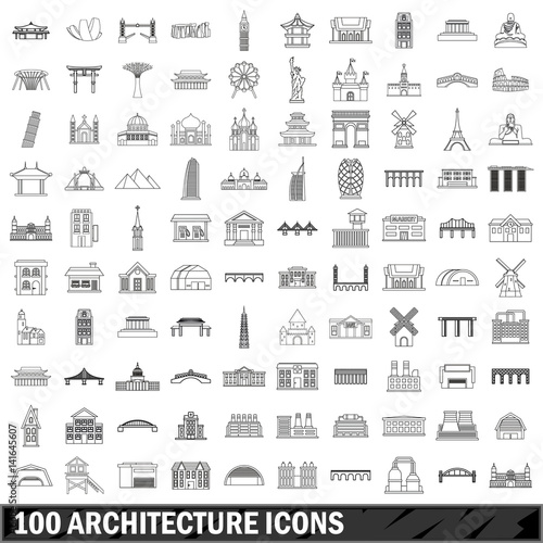 100 architecture icons set, outline style