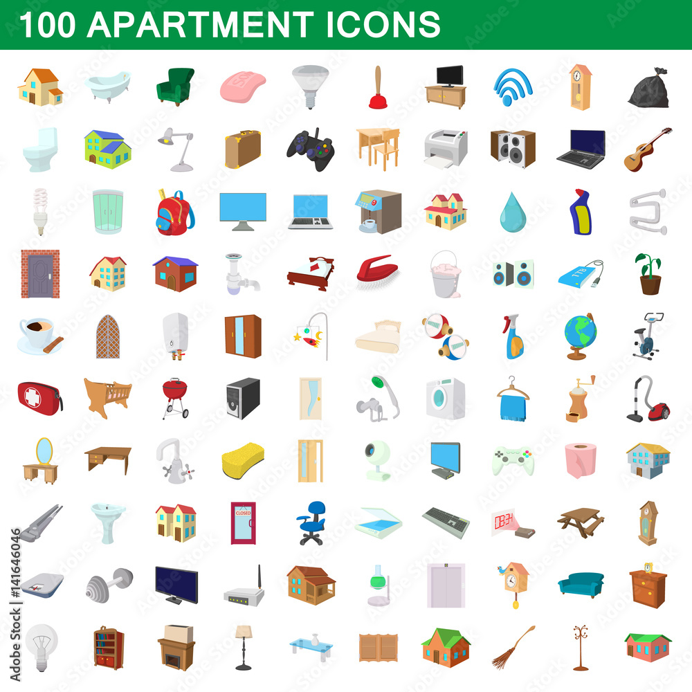 100 apartment icons set, cartoon style 100 apartment icons set, cartoon style