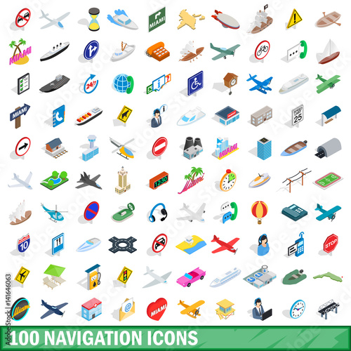 100 navigation icons set, isometric 3d style