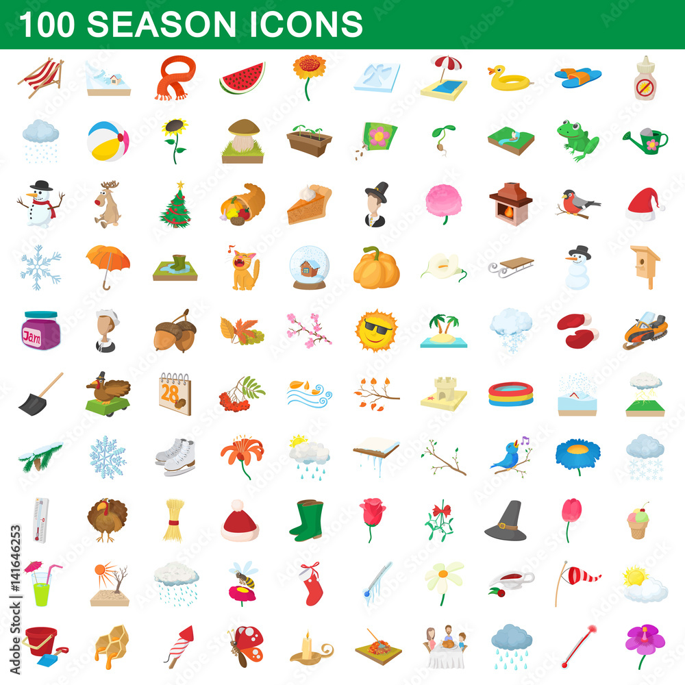 100 seasons icons set, cartoon style