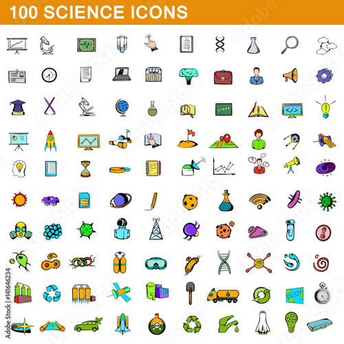 100 science icons set, cartoon style