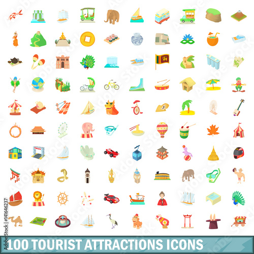 Fototapeta Naklejka Na Ścianę i Meble -  100 tourist attraction icons set, cartoon style