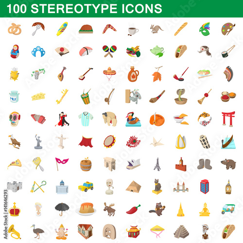 100 stereotype icons set, cartoon style
