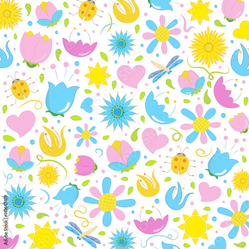 Spring pattern with flowers and insects