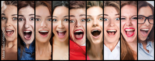 The collage of young woman smiling face expressions