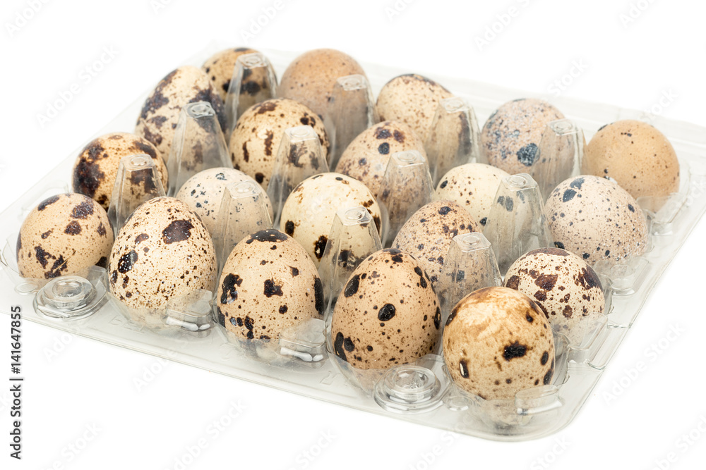 Obraz premium Quail eggs in a plastic container Isolated on white background
