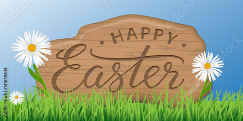 Happy Easter text on wooden panel on nature background for Paschal greeting card. Vector illustration.