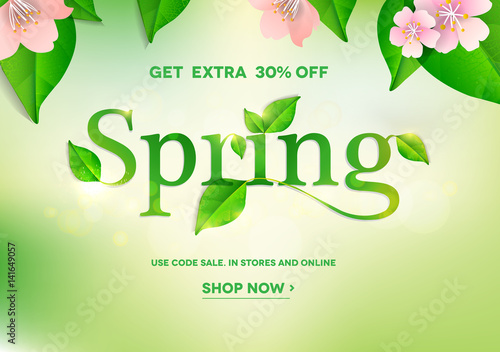 Spring lettering on natural green background with blossoming flowers.Spring sale.Vector illustration EPS10