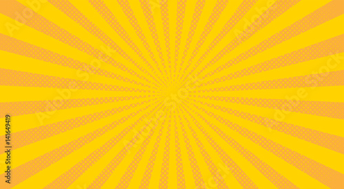 Yellow sunbeams halftone background. Vector illustration.