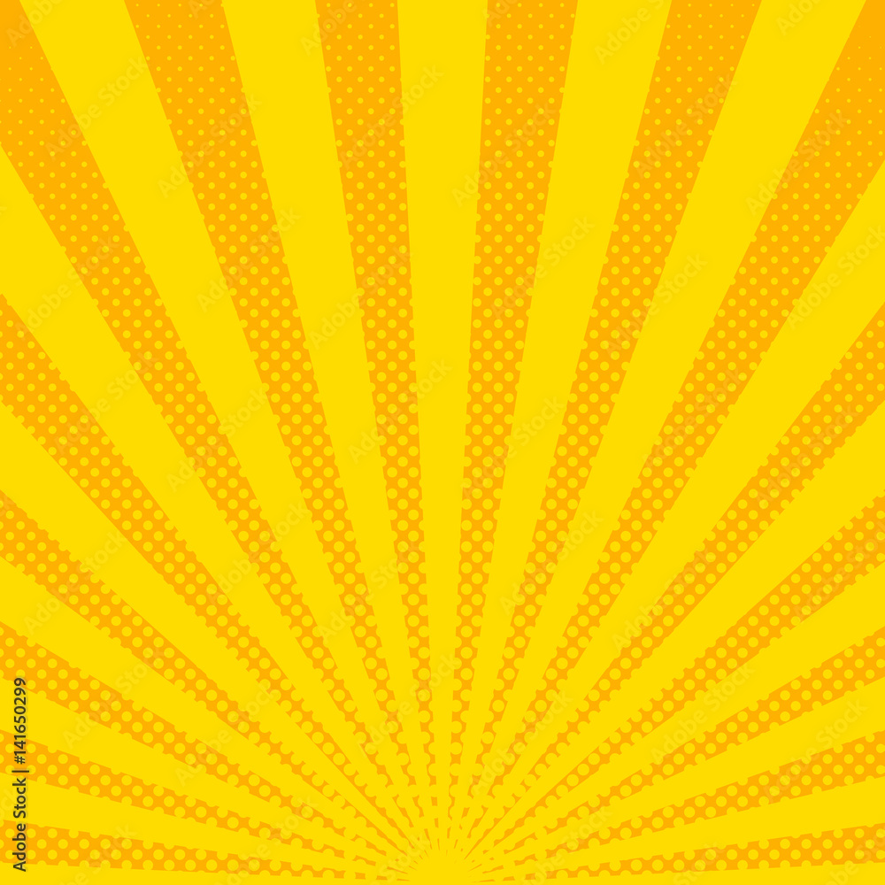 Obraz premium Yellow sunbeams halftone background. Vector illustration.