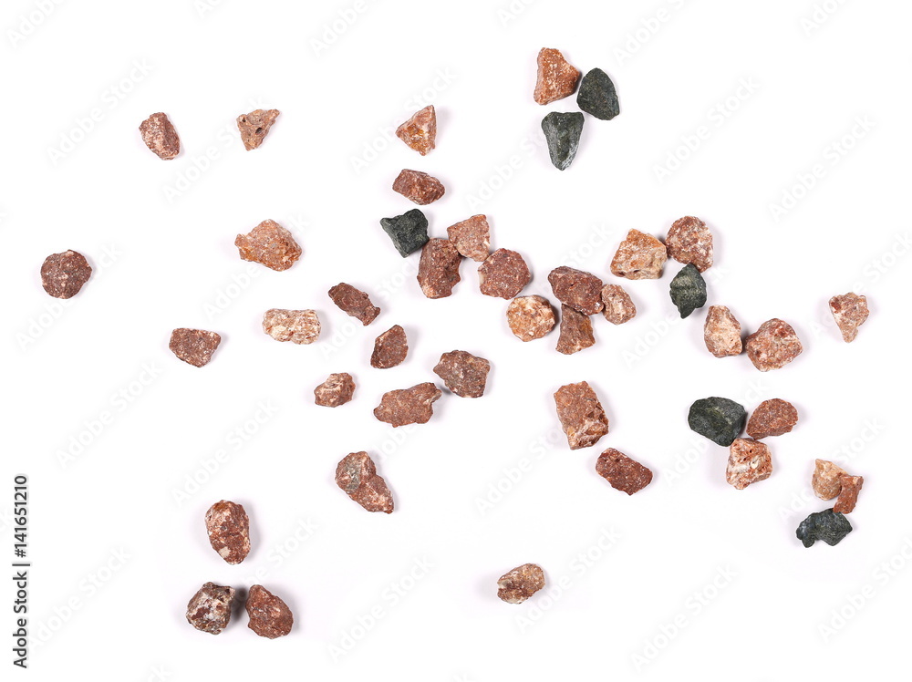 pile pebbles isolated on white background and texture, top view