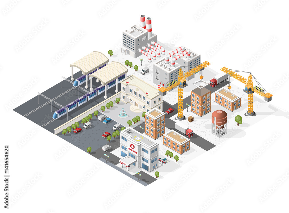 Set of Isolated High Quality Isometric City Elements on White Background