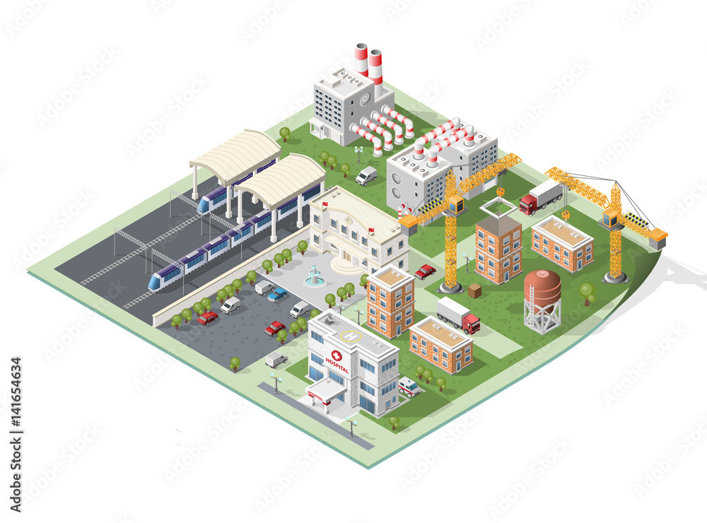 Set of Isolated High Quality Isometric City Elements on White Background Set of Isolated High Quality Isometric City Elements on White Background