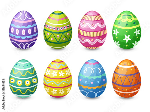 Set of eight colorful Easter eggs. Isolated on white background. Vector illustration.