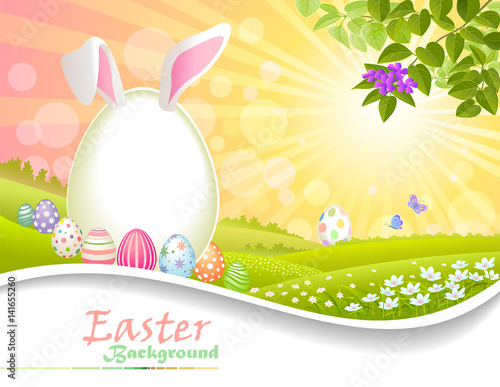 Easter eggs on a lush green spring fields. Vector Illustration
