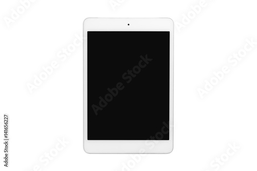 White tablet computer with blank screen on isolated white background