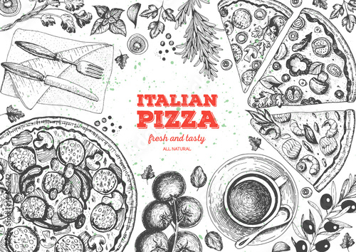 Italian pizza top view frame. Italian food menu design template. Vintage hand drawn sketch vector illustration. Engraved style