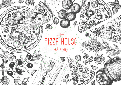 Italian pizza top view frame. Italian food menu design template. Vintage hand drawn sketch vector illustration. Engraved style