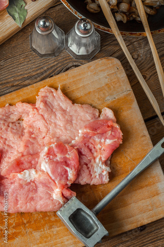 Slices of raw pork. photo