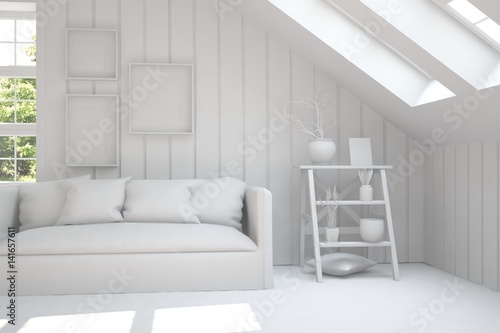 White room with sofa and green landscape in window. Scandinavian interior design. 3D illustration