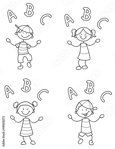 Vier Strichmännchen Kinder jonglieren mit Buchstaben Vektor Illustration