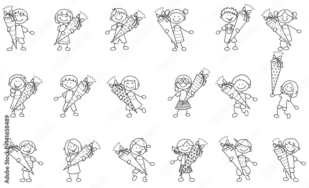 Set bestehend aus vielen Strichmännchen Kindern mit Schultüten Vektor Illustration Set bestehend aus vielen Strichmännchen Kindern mit Schultüten Vektor Illustration