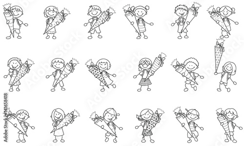 Set bestehend aus vielen Strichmännchen Kindern mit Schultüten Vektor Illustr...