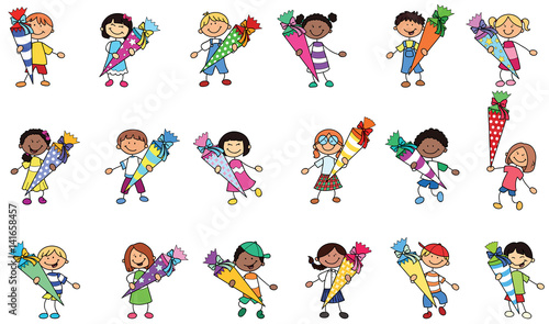 Set bestehend aus vielen Strichmännchen Kindern mit Schultüten Vektor Illustr...