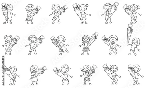 Set bestehend aus vielen Strichmännchen Kindern mit Schultüten Vektor Illustr...