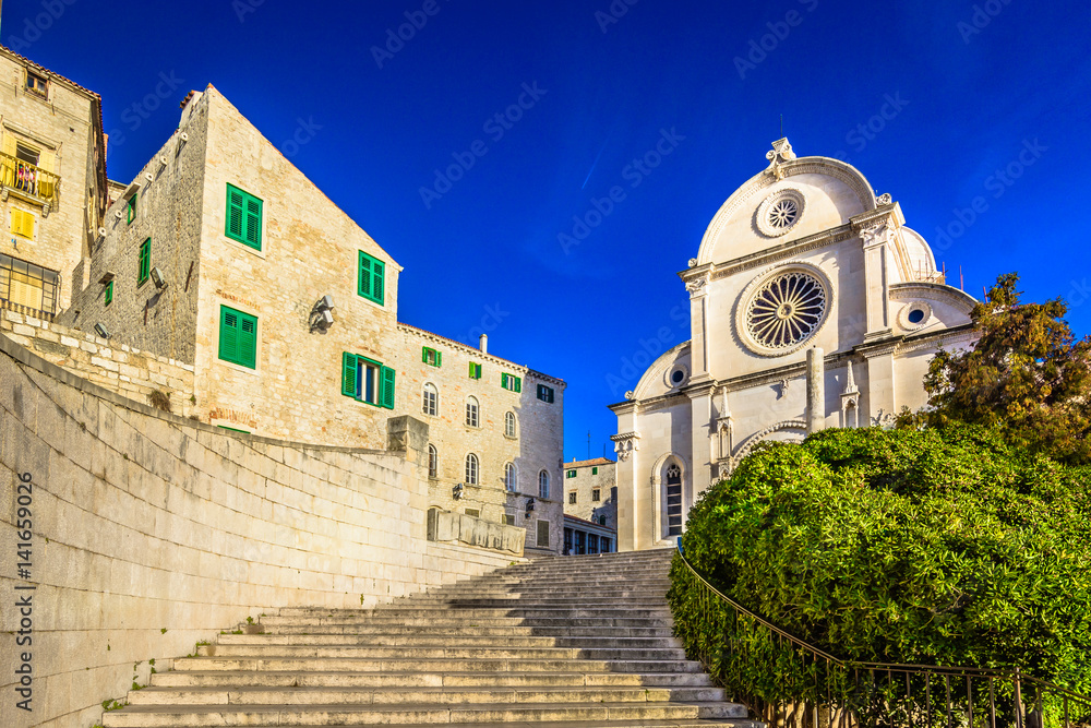 Naklejka premium Old cathedral Sibenik town. / Scenic colorful view at cathedral in summer travel destination in Croatia, Sibenik town.