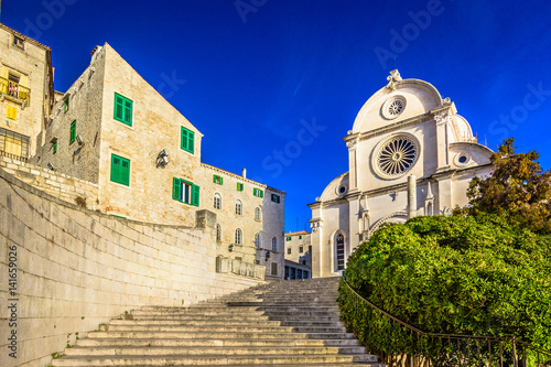Old cathedral Sibenik town. / Scenic colorful view at cathedral in summer travel destination in Croatia, Sibenik town.