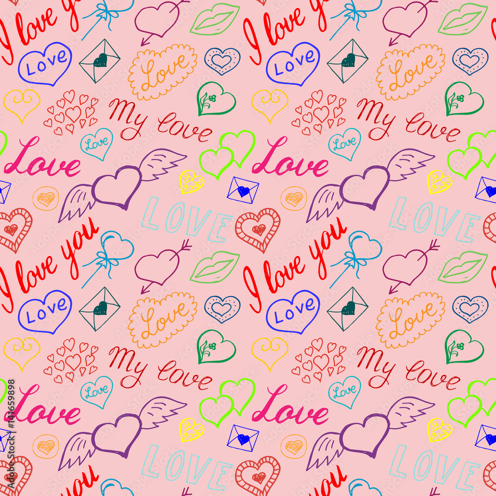 Seamless pattern of hearts and handwriting. valentines day Seamless pattern of hearts and handwriting. valentines day